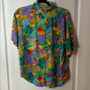 VINTAGE Bonjour Women’s 90s Multicolor Abstract Rayon Button-Up Shirt